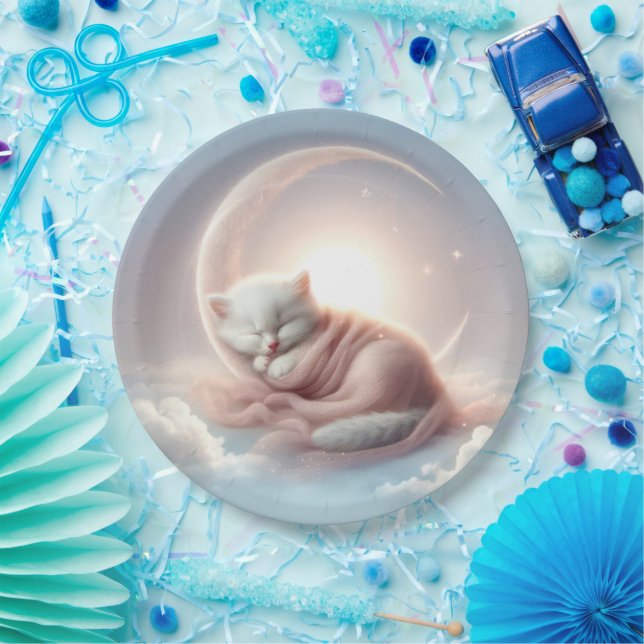 Assiettes En Carton Kitten dormant sur une lune de croissant (Fête)