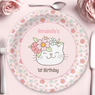 Assiettes En Carton Kitten Kitty Chat Rose fille 1er Anniversaire serv