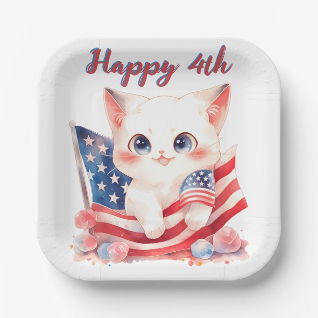 Assiettes En Carton Kitten patriotique 4 juillet Happy 4th Custom (Recto)