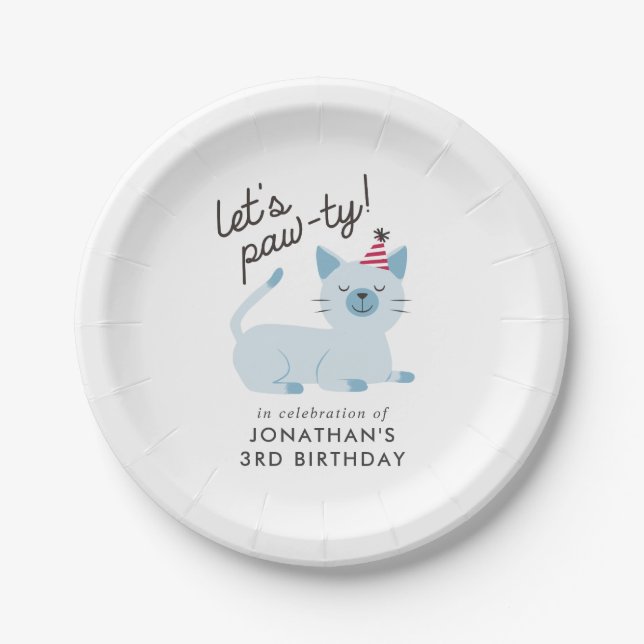 Assiettes En Carton Kitty Chat fête d'anniversaire | Pawty Blue (Devant)