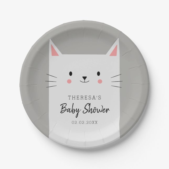 Assiettes En Carton Kitty Chat Thème Baby shower Blanc Kitten (Devant)