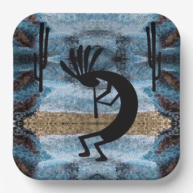Assiettes En Carton Kokopelli Sud-Ouest Désert Mosaïque Bleu 9" (Recto)
