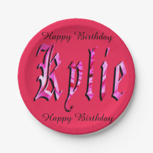Assiettes En Carton Kylie, Nom, Logo, Plaque De Papier Rose.