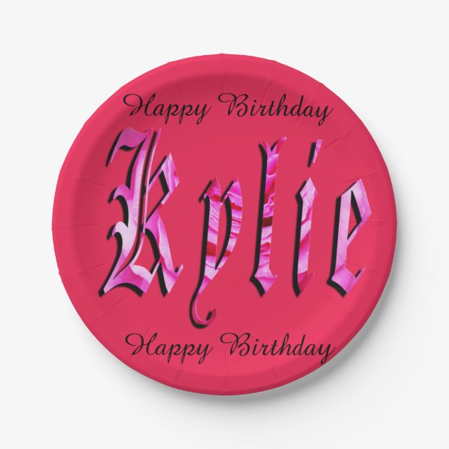 Assiettes En Carton Kylie, Nom, Logo, Plaque De Papier Rose. (Devant)