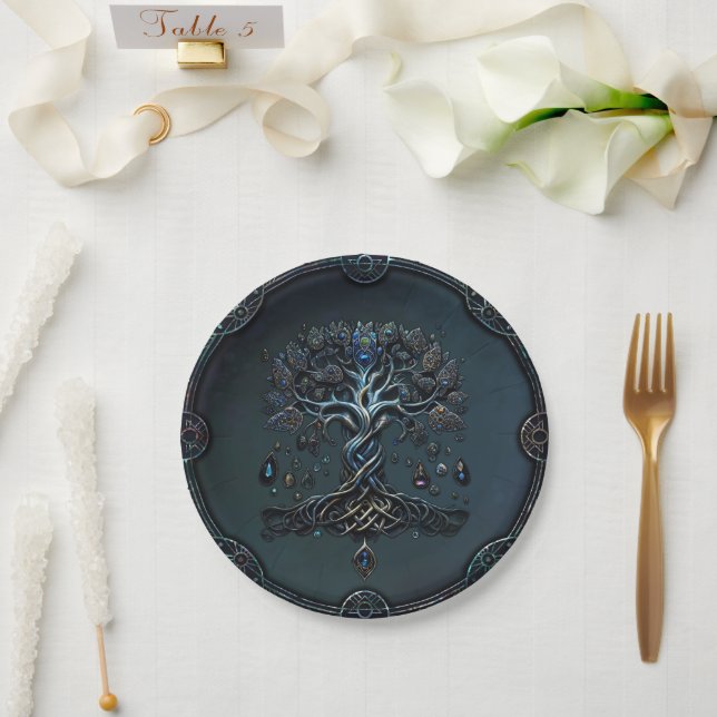 Assiettes En Carton La brillance de l'arbre de vie les pierres précieu (Mariage)