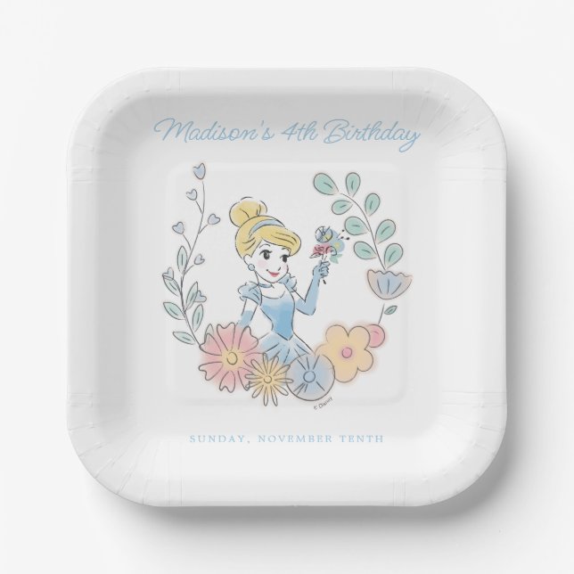 Assiettes En Carton La Cendrillon de Disney | Floral Aquarelle Anniver (Recto)