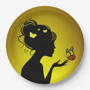 Assiettes En Carton La femme papillons jaunes