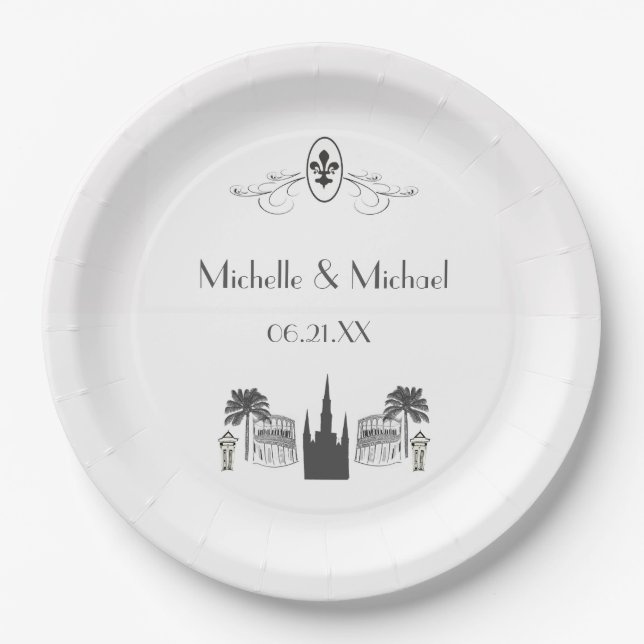 Assiettes En Carton La Nouvelle-Orléans Scene Fleur de Lis (Devant)