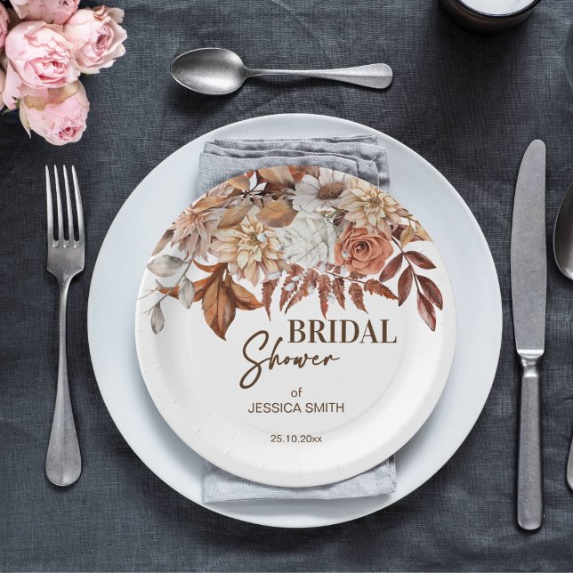 Assiettes En Carton La vaisselle de douche de la nuptiale du désert (Boho earthy desert brown fall themed bridal shower tableware personalized paper plates dried roses)