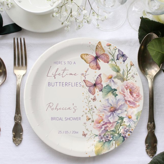 Assiettes En Carton La vie des papillons sous la douche à nage fleurie (Here's to a Lifetime of Butterflies floral spring summer bridal shower template Paper Plates)