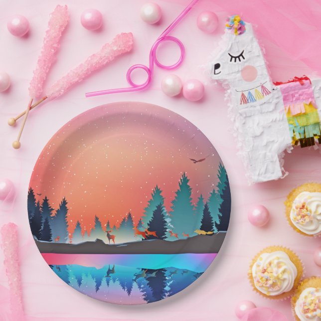 Assiettes En Carton Lac d'hiver pittoresque avec Noël aux cerfs (Fête)