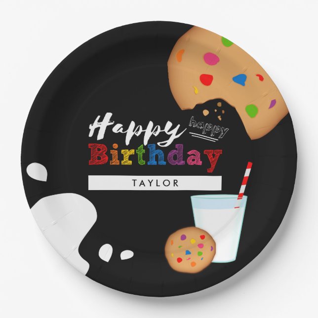 Assiettes En Carton Lait et biscuits Rainbow Joyeux anniversaire (Devant)