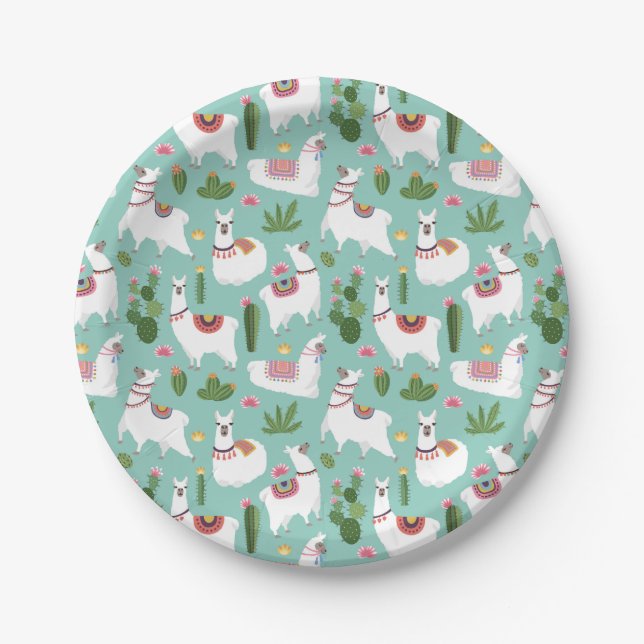 Assiettes En Carton Lamas mignons sur le motif turquoise (Devant)