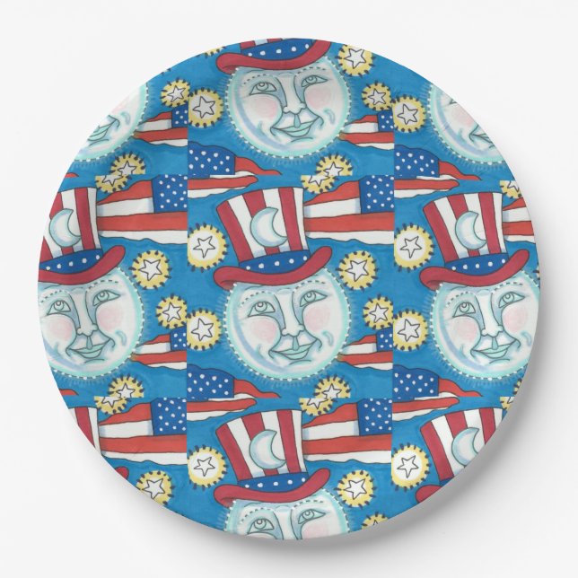 ASSIETTES EN CARTON L'AMÉRICANA FOLK ART PATRIOTIQUE HOMME DANS LA LUN (Devant)
