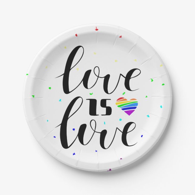 Assiettes En Carton L'amour est l'amour| Coeurs arc-en-ciel (Devant)