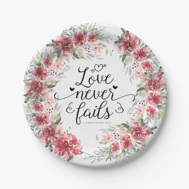 Assiettes En Carton L'amour n'échoue jamais Bible Verse Rose Floral Wr (Devant)