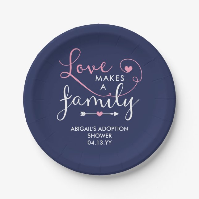 Assiettes En Carton L'Amour Rose Et Marine Fait Une Douche D'Adoption  (Devant)