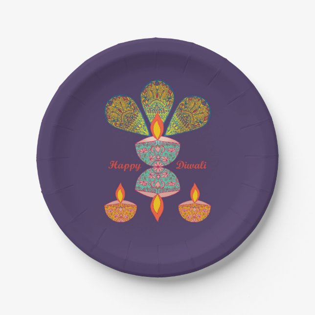 Assiettes En Carton Lampes Diwali - Plaque en papier violet (Devant)
