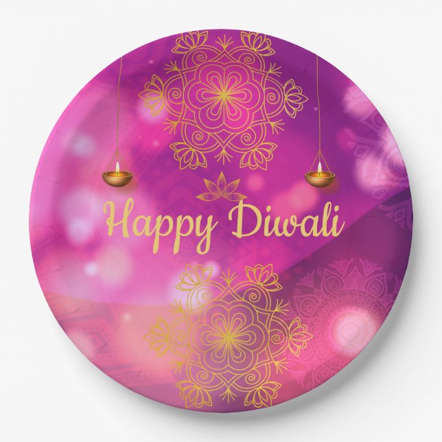Assiettes En Carton Lampes Mandala Diwali Purple Gold (Devant)