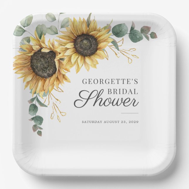 Assiettes En Carton Lancement de mariage avec tournesol et eucalyptus  (Recto)