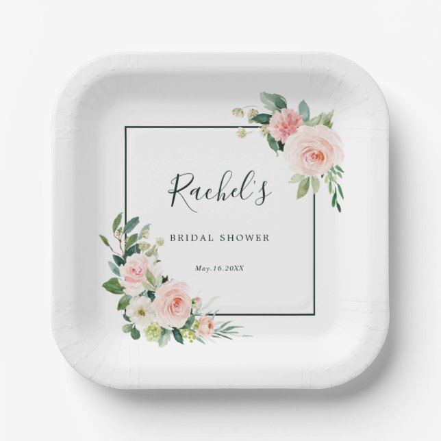 Assiettes En Carton Lancement de mariage floral aquarelle rose tendre (Recto)