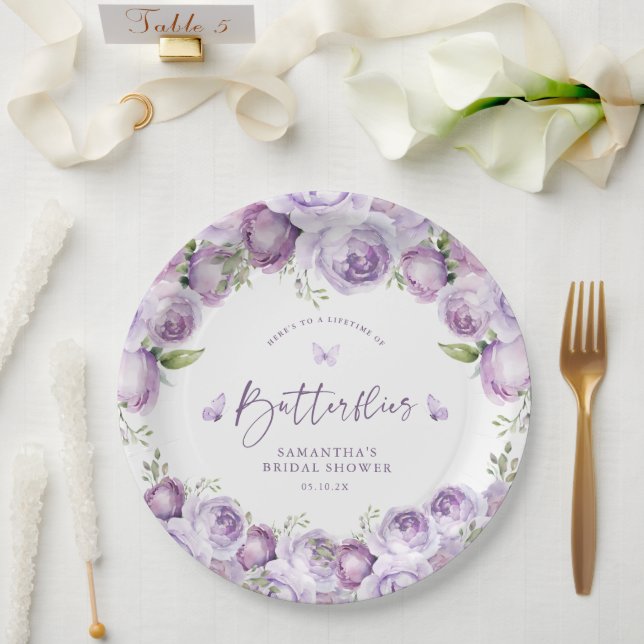 Assiettes En Carton Lancer une Mariée Moderne Papillons Floral Violet  (Mariage)
