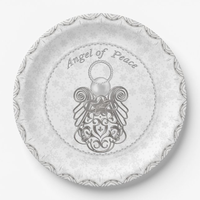 Assiettes En Carton L'Ange de Noël des Filigrés gris argenté (Devant)