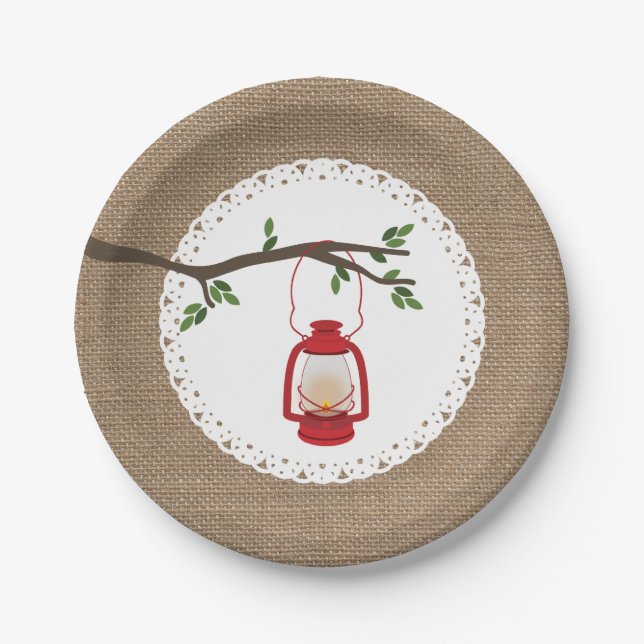 Assiettes En Carton Lanterne rouge de camping - toile de jute inspirée (Devant)