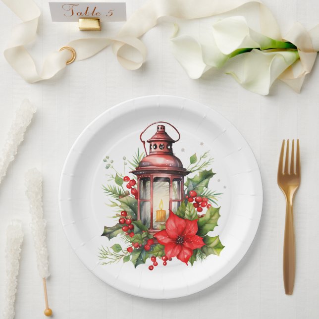 Assiettes En Carton Lanterne rouge de Noël Poinsettia et pin (Mariage)