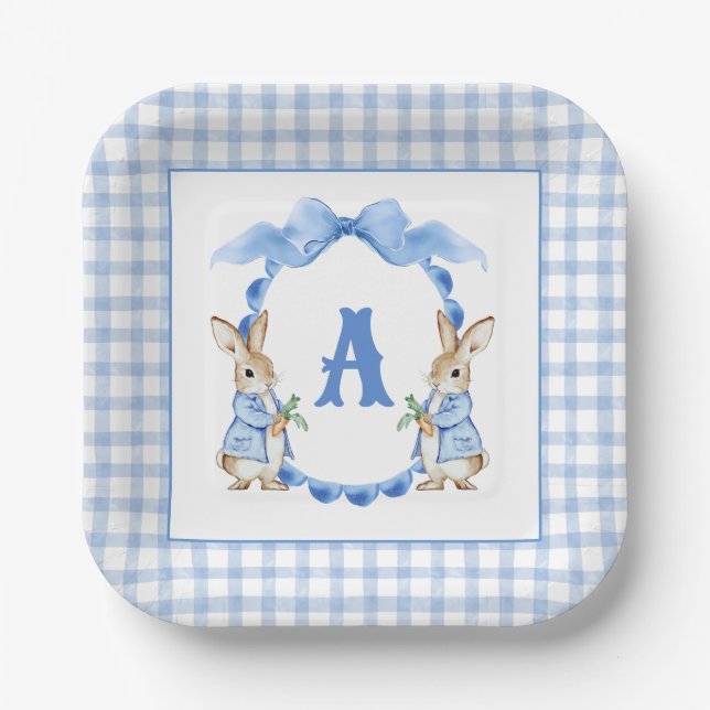 Assiettes En Carton Lapin Bleu En vichy Monogramme Crest (Recto)