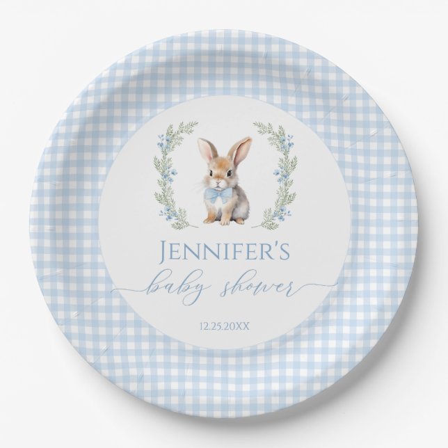 Assiettes En Carton Lapin bleu Pâques lapin en vichy bébé garçon douch (Devant)