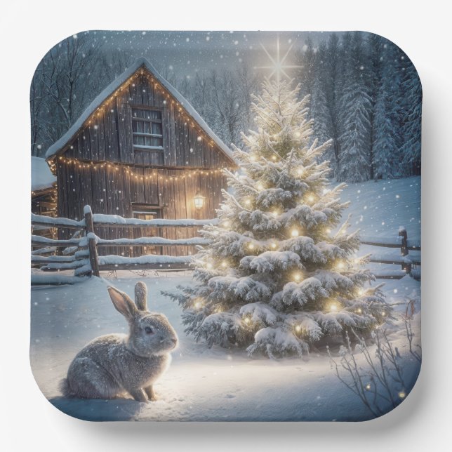 Assiettes En Carton Lapin de Noël avec arbre brillant et grange (Recto)