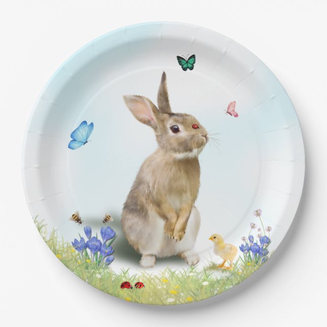 Assiettes En Carton Lapin de Pâques Poussins Coccinelles Papillons Cro (Devant)