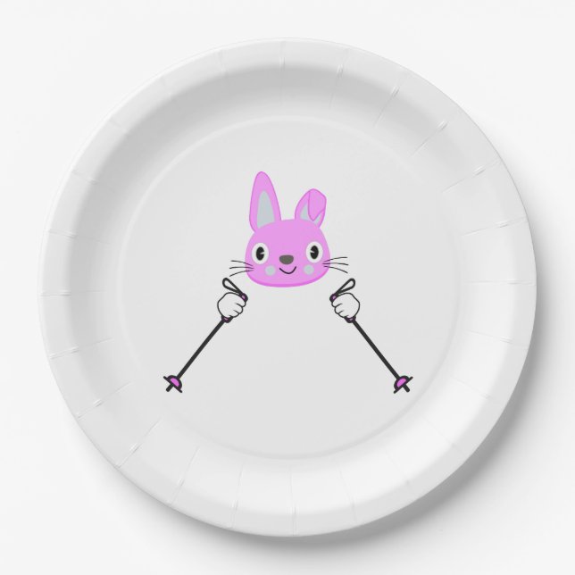 Assiettes En Carton Lapin de ski avec bâtons de ski (Devant)