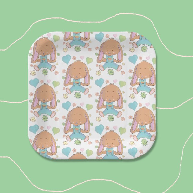 Assiettes En Carton Lapin, Fleurs et Coeurs Plaque Motif en papier (Bunny , flowers and hearts pattern white square paper plate .)