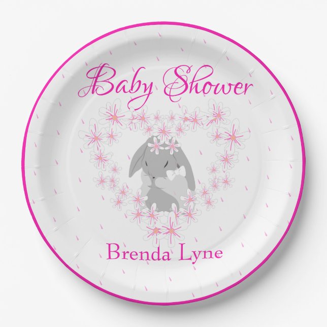 Assiettes En Carton Lapin Lapin Personnalisé Fille Baby shower rose (Devant)