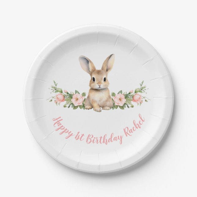 Assiettes En Carton Lapin Rose Floral fille 1er anniversaire (Devant)