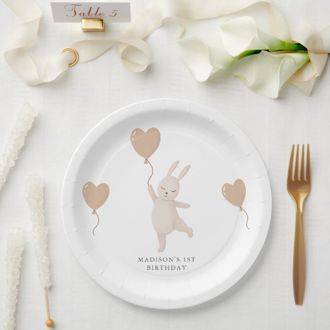 Assiettes En Carton Lapin sucré avec ballon de coeur premier anniversa (Mariage)
