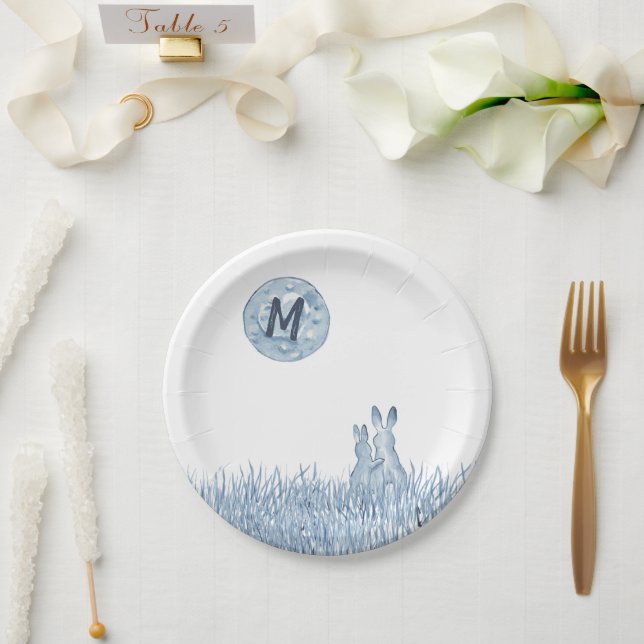 Assiettes En Carton Lapins Bleus Simple, Monogramme Lune Personnalisé, (Mariage)
