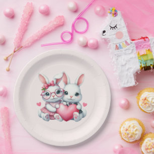 Assiettes En Carton Lapins mignons partageant un cœur