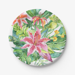 Assiettes En Carton L'aquarelle tropicale fleurit la plage d'été de