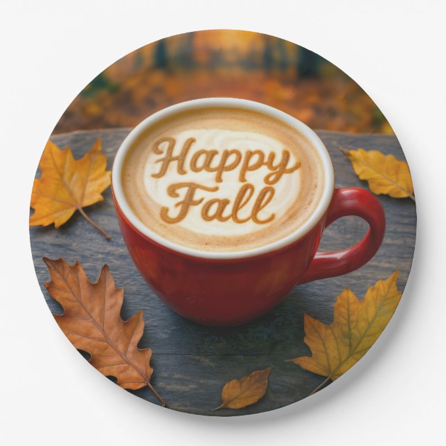 Assiettes En Carton Latte Happy Fall Dans Une Mug Rouge Avec Feuilles  (Devant)