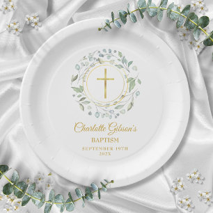 Assiettes En Carton Laurel Garland Faux Gold Foil Baptême Christening