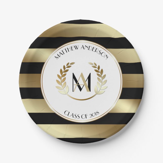 Assiettes En Carton Laurel Monogrammed Black and Gold Graduation Party (Devant)