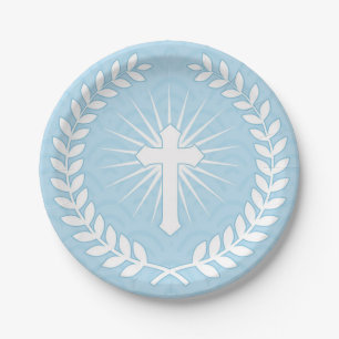 Assiettes En Carton Laurier, croix, religieux bleu