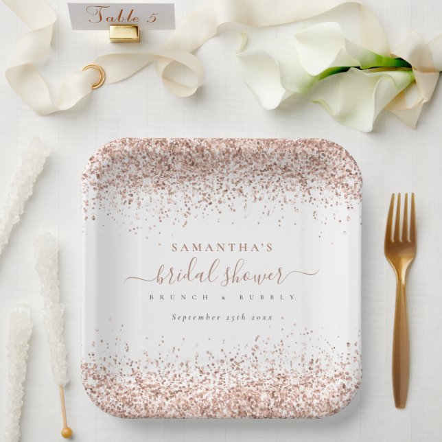 Assiettes En Carton Lavage de mariage élégant Rose Gold Paillettes Nom (Mariage)