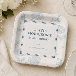 Assiettes En Carton Lavage de Mariée Floral Bleu Toile de Jouy Côtière