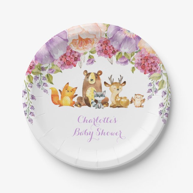Assiettes En Carton Lavande Floral Baby shower des animaux de bois (Devant)