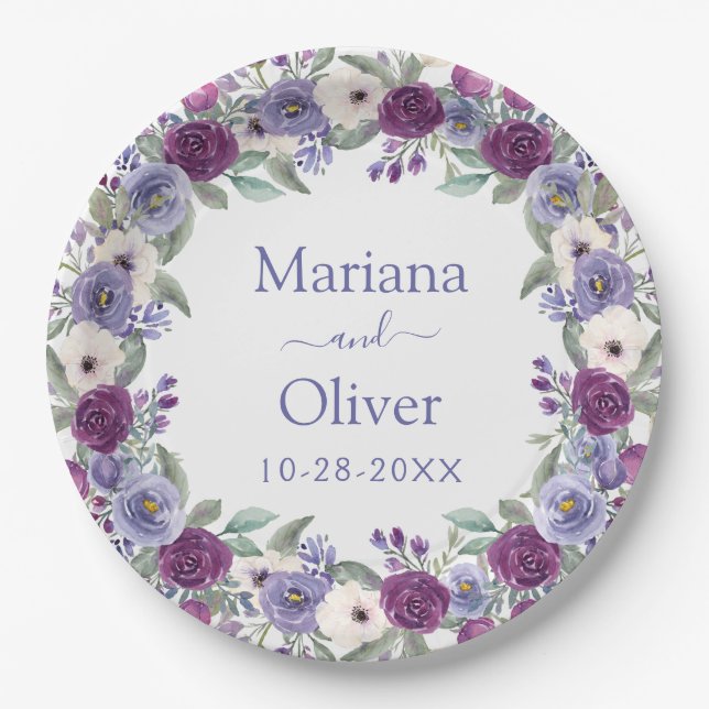 Assiettes En Carton Lavande Fuchsia Blush Aquarelle Mariage Floral (Devant)