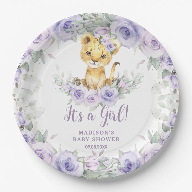 Assiettes En Carton Lavande Purple Floral Lion Cub Baby shower (Devant)